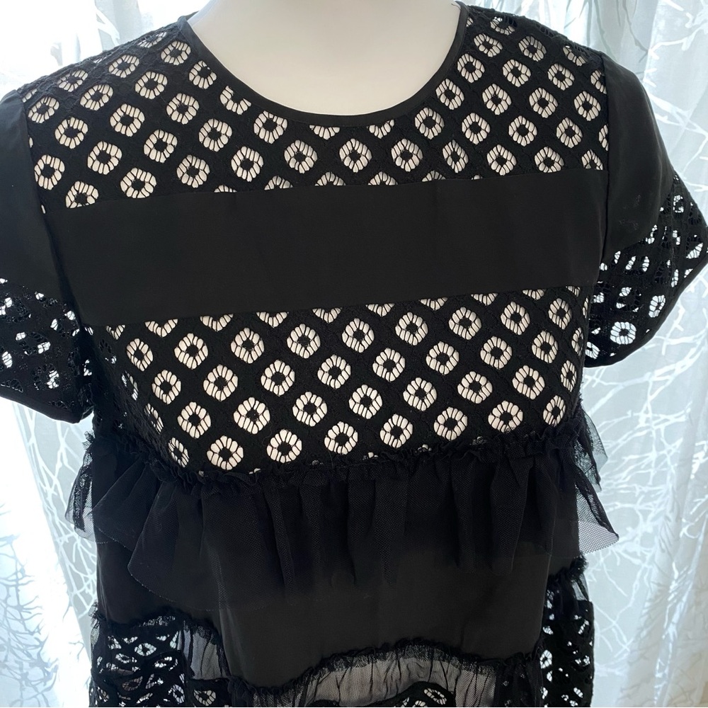 CINQ A SEPT BLACK SHEER LACE SILK MESH RUFFLE ROWS CREWNECK DELPHINE TOP BLOUSE - Picture 4 of 10